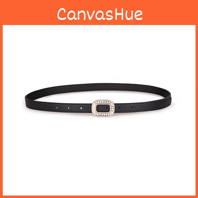 Style Womens Minimalist Belt Metal Buckle Simulated Diamond Pearl Decoration