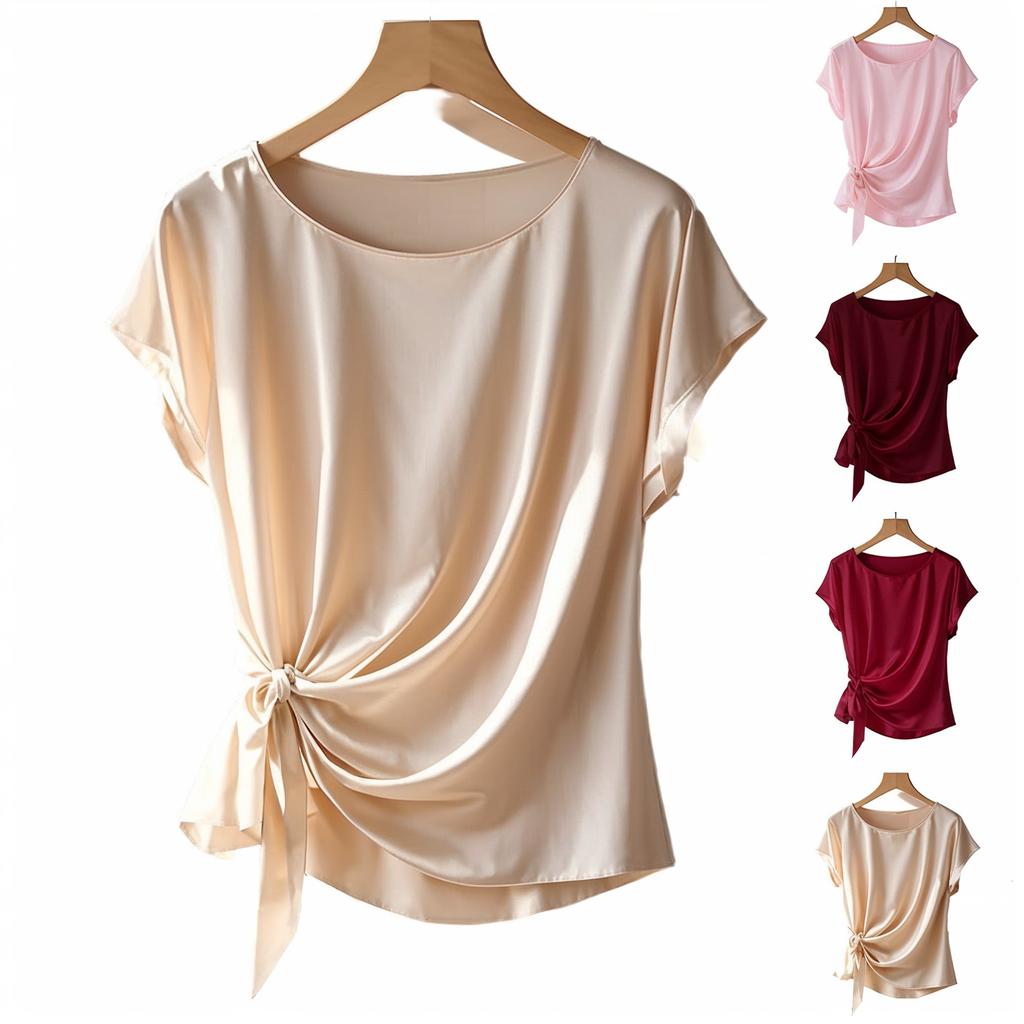 Womens Spring Tops Short Sleeve Side Tie Blouse Summer Shirts for Women Casual Loose Fit Womens Summer Shirts for Daily Wear