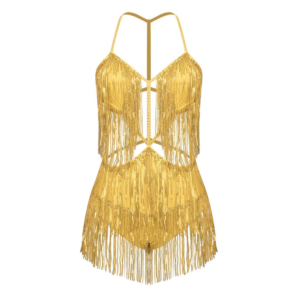 Damen Bauchtanz Bodysuit mit Fransen Pailletten Quasten Ausgeschnitten Rückenfrei Glänzend Jumpsuit