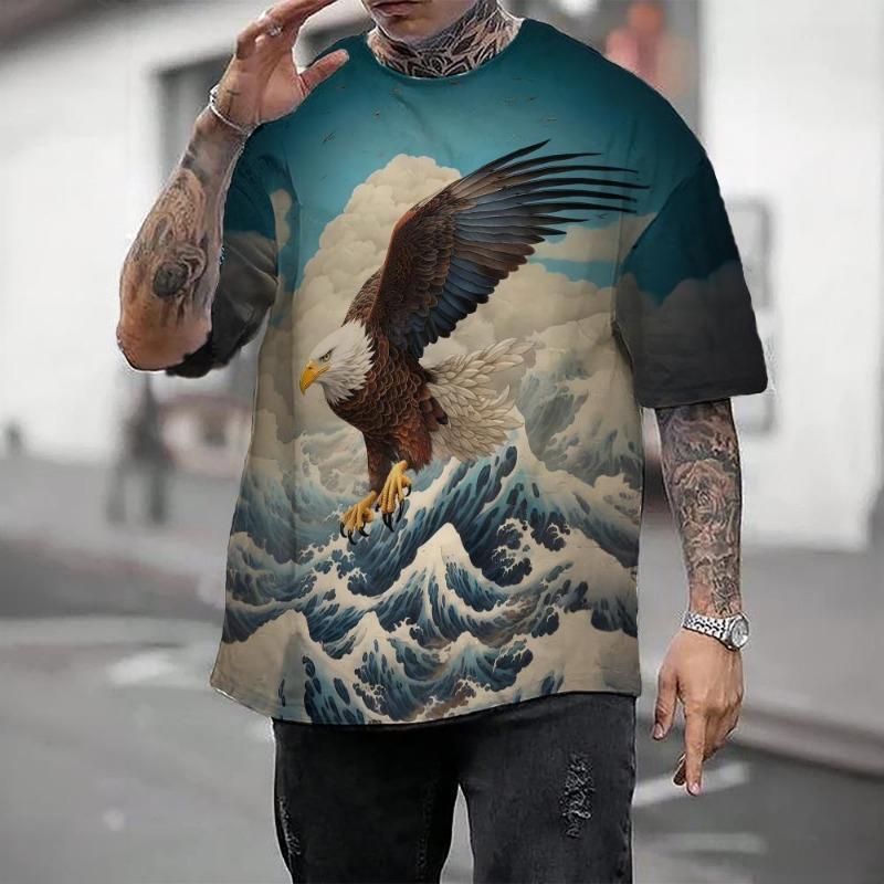 Camiseta casual masculina com blocos de cores, estampa 3D, gola redonda, manga curta, camiseta grande, roupas masculinas, tops, streetwear, verão