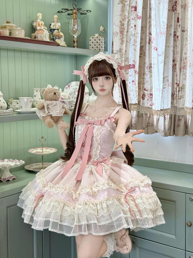 Dreamy Cute Lolita JSK Jumper Skirt with Ribbon and Fluffy Gothic Lolita Mori Girl Idol Dress Size M [XHSUKADO] Lace, Women's One-Piece Dress, Dress,