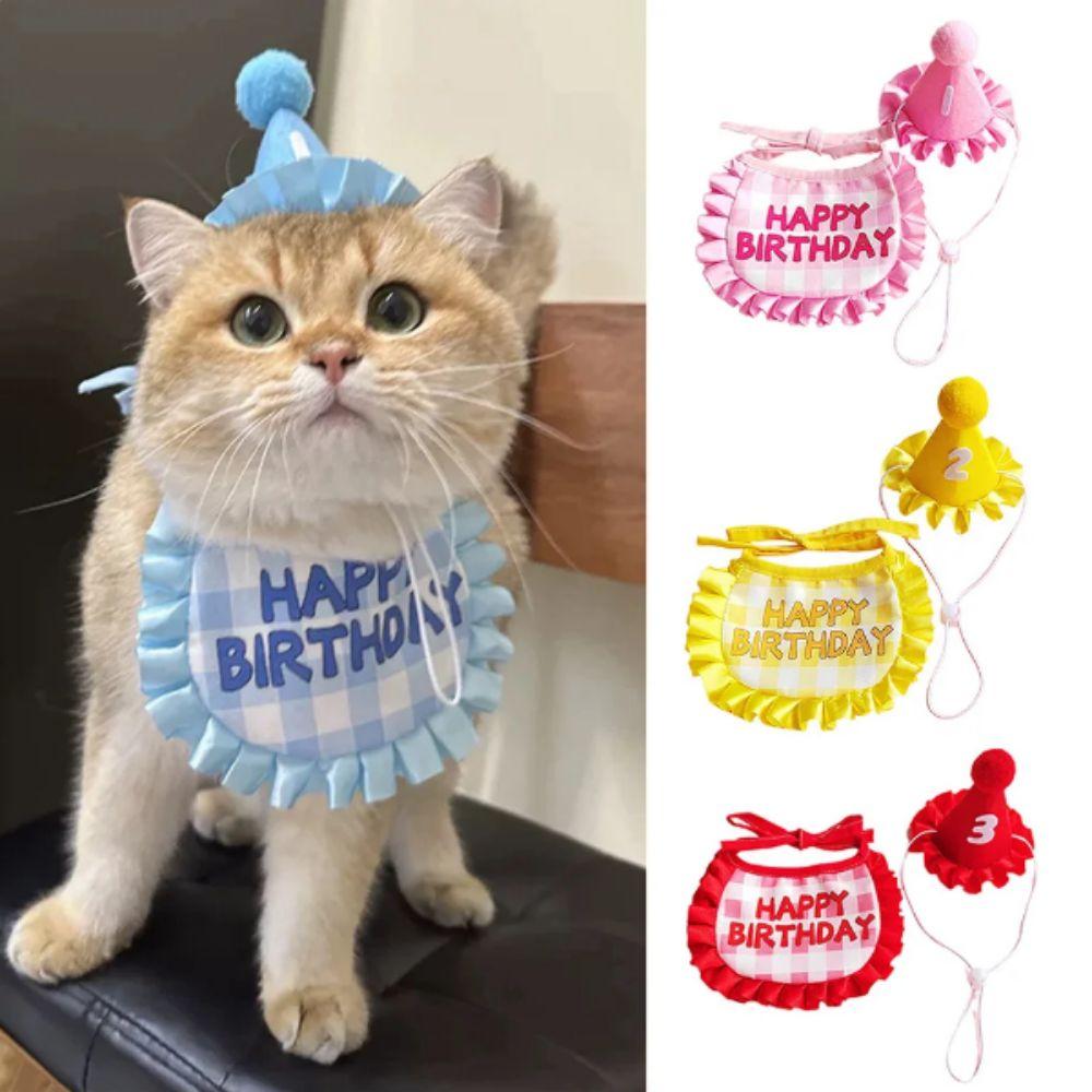 Soft Cat Birthday Scarf Hat Set with Digital Stickers Cat Saliva Towel Birthday Party