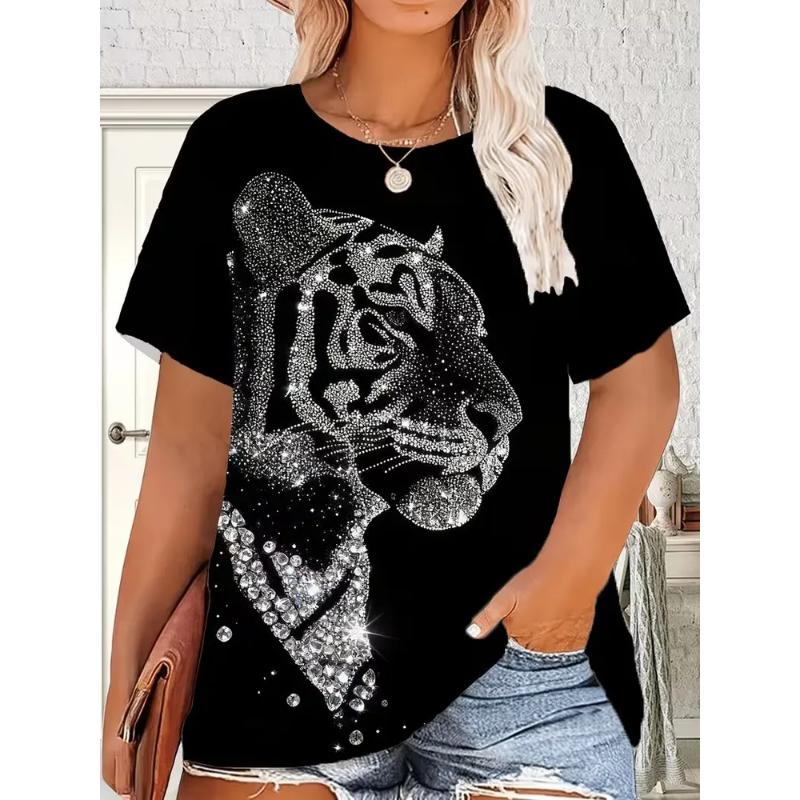 Modisches Damen Rundhals Kurzarm 3D Tier Farbdruck Tier Kurzarm Rundhals T-Shirt