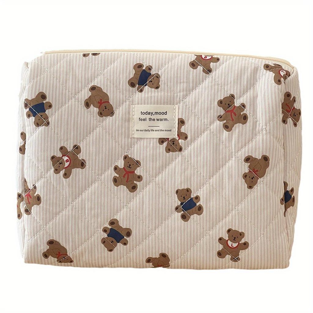 Women Makeup Zipper Bag Cartoon Bear Tote Large Capacity Quilting Pouch Washbag Cute Female Brush Cosmetic Storage Bag