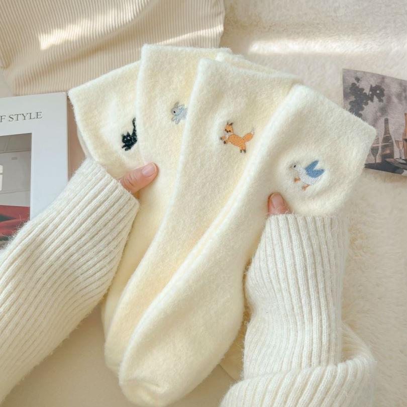 Women's Fluffy Fleece-Lined Mid-Calf Socks - Japanese-Style Cartoon Embroidery