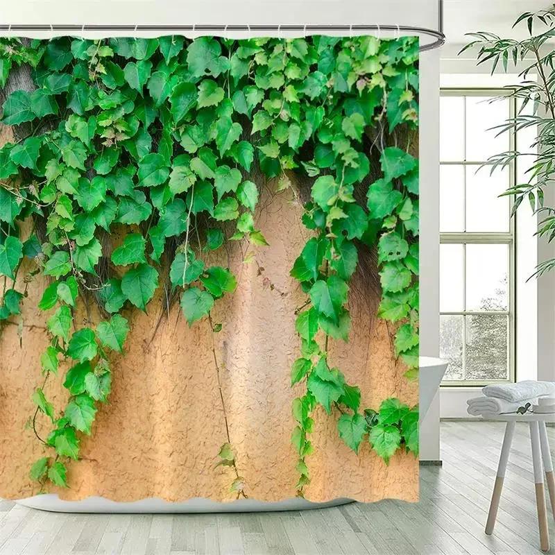 Vine Leaves Shower Curtain Green Plant Leaf Grey Wall Spring Floral Bath Curtains Set Polyester Fabric Bathroom Decor with XT6