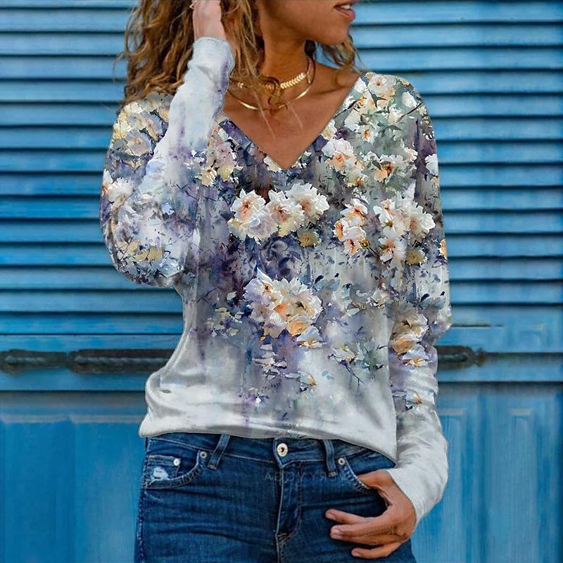 

Жіночі топи з трояндами та квітковим малюнком Спортивний повсякденний принт Вуличний світшот з довгим рукавом і V-подібним вирізом Базовий XS-8XLv 8XL