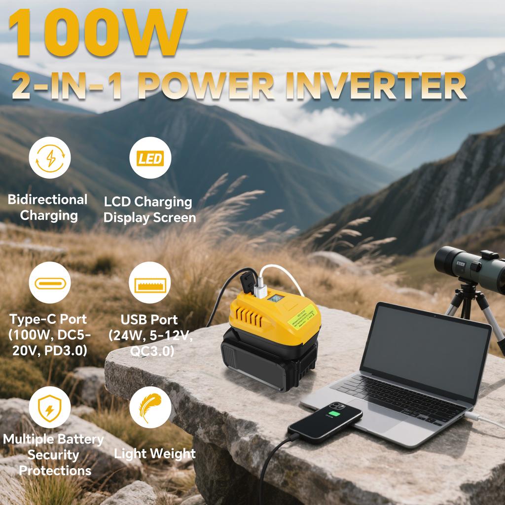 Charger for Dewalt 20V Battery 100W Portable Bidirectional Charger Adapter Power Inverter with Type-C & USB Port (No Battery)