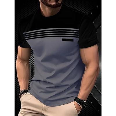 Men's Summer Casual Comfortable Stretch Plus Size 3D Striped Printed T-shirt- Soft Medium Stretch Polyester Fabric Summer Mens Relaxed Fit Clothing