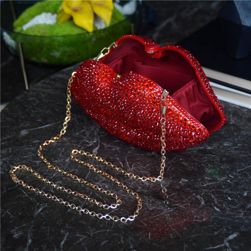 Dinner Bag Women's Lip Chain Bag European and American Style Diamond-set Nightclub Hand-held Party Rhinestone Bag Party Bag