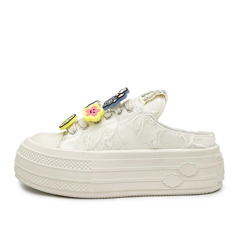 

Туфли из грубой парусины с цветочным принтом женские, весна 2024, новые полутапочки на толстой подошве, повседневные туфли с увеличенным ленивым каблуком 40