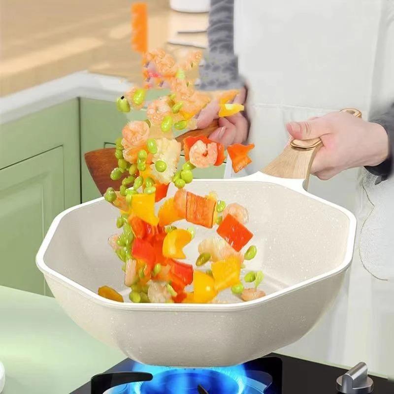 Octagonal Non-stick Frying Pan Wok Pan with Lid Household Egg Steak Cooking Pot Gas Stove Induction Universal Cooker Nonstick