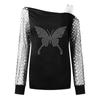 Fashion Women Sexy Mesh Stitching Leaky Shoulder Top Casual Loose Pullover Long Sleeve Tops