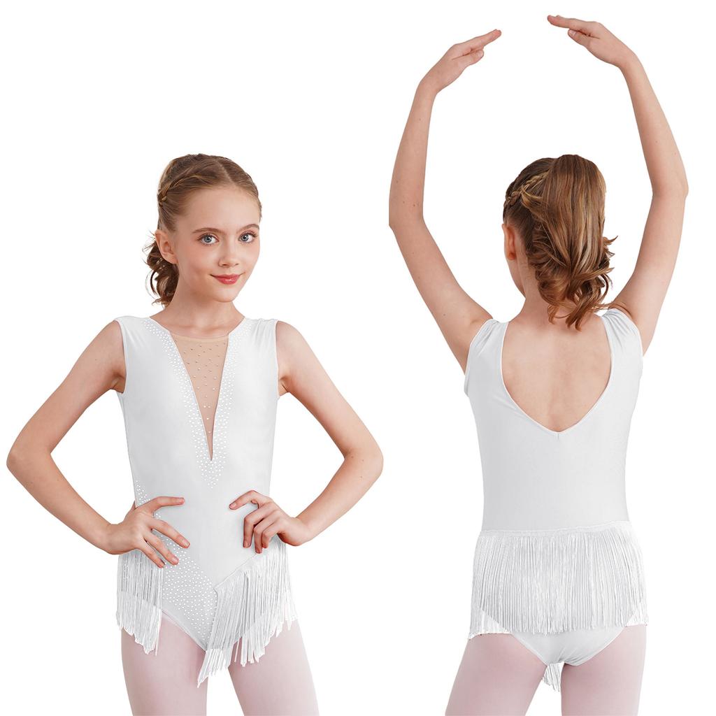 Kids Girls Ballet Latin Dance Leotards Figure Skating Performance Costume Shiny Rhinestone Tassel Gymnastics Bodysuit Dancewear