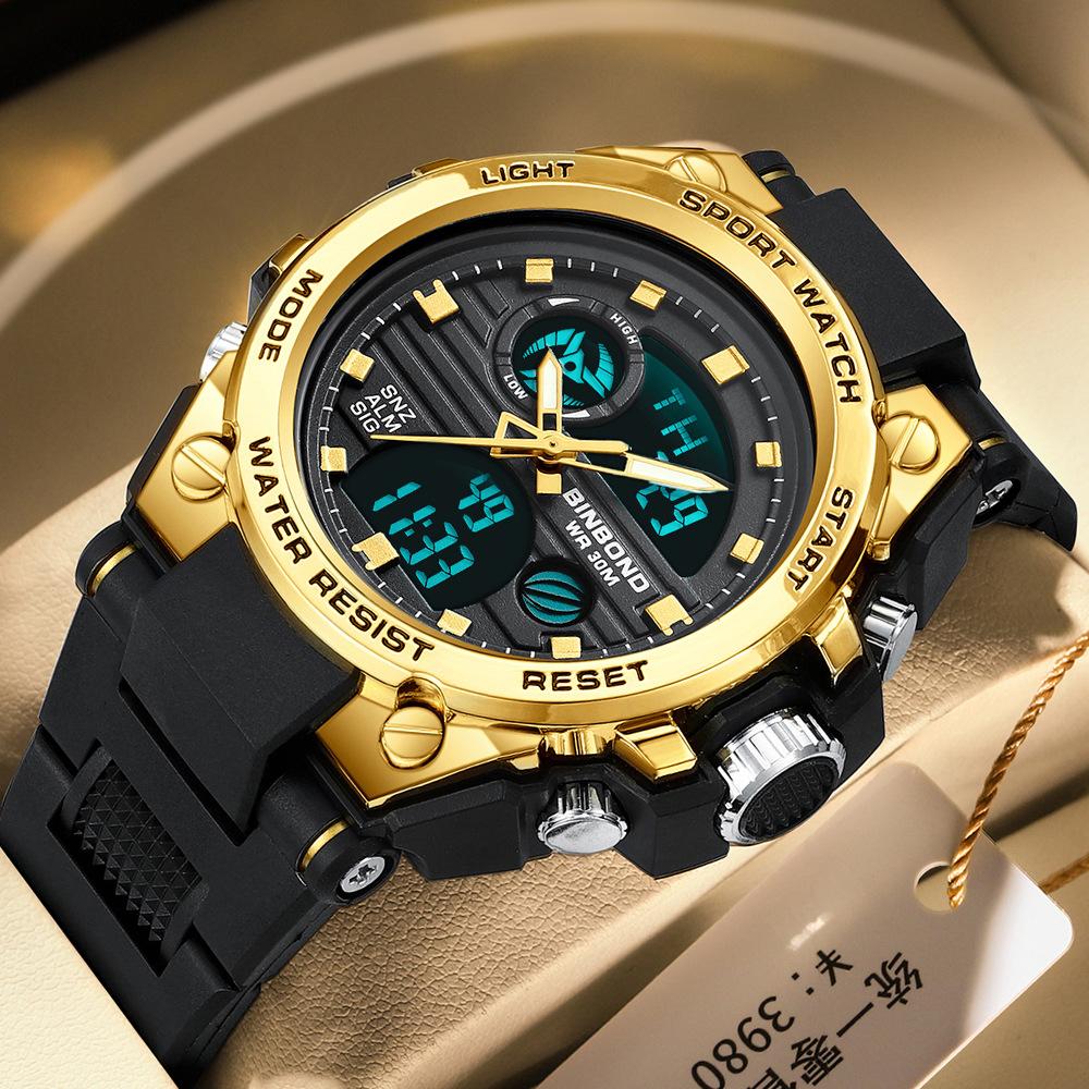 BINBOND LED Digital Watch Men Waterproof Luminous Double Display Quartz Wristwatches Men's Fashion Silicone Band Man Watches
