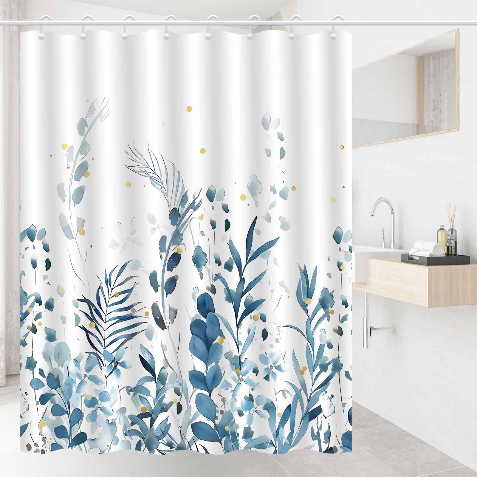 

1pc Nordic Modern Fresh Blue Plant Flower Shower Curtain, High-End Elegant Bathroom Curtain, Bathroom Decoration Pattern 90X180CM