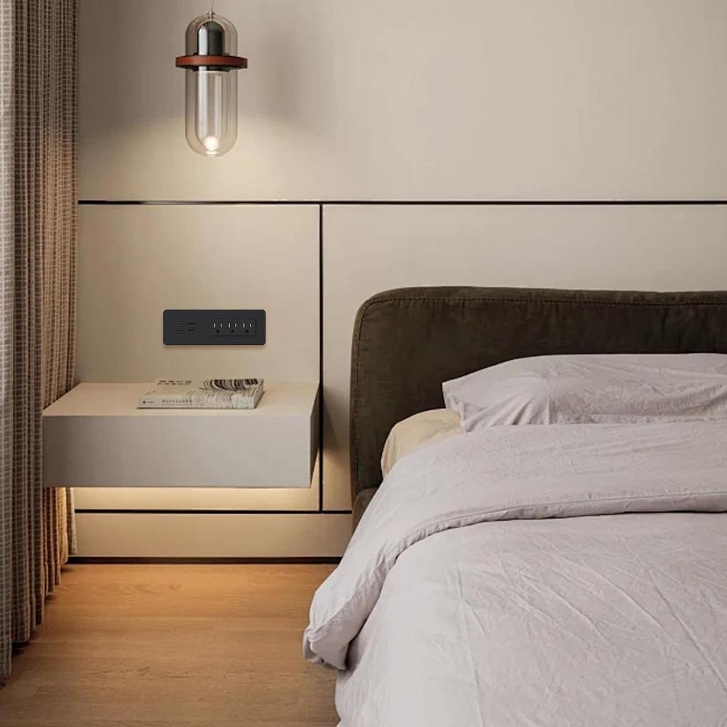 Recessed Power Strip with PD 65W USB C, Flush Mount Power Strip with 3 Outlets 4 USB Ports, Furniture Outlet with 2M Flat Plug Cable for Side Table