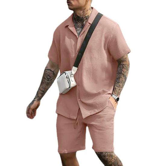2Pcs/Set Men Casual Outfit Lapel Short Sleeve Shirt Elastic Waistband Drawstring Wide