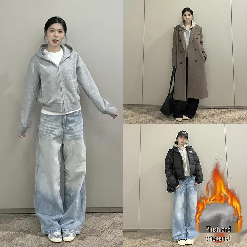 Women's Petite Gray Fleece-Lined Hooded Sweatshirt, Thickened, Short Jacket for Autumn and Winter