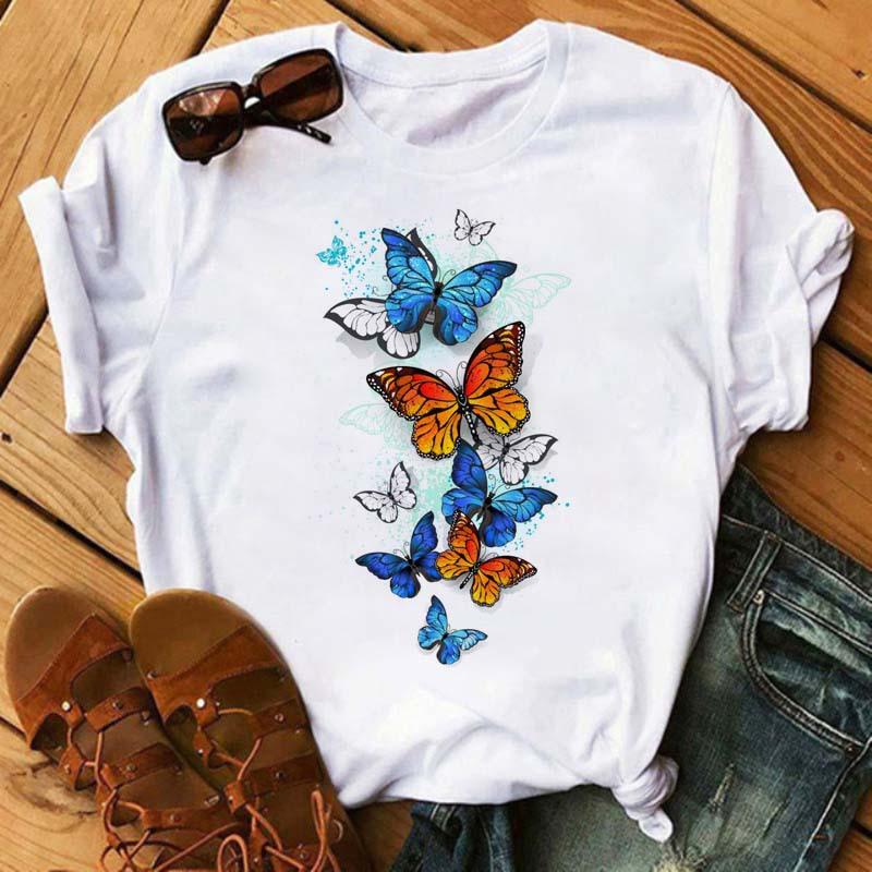 Summer Butterfly Print Plus Size Loose Round Neck Pure Cotton Short Sleeved Top T-Shirts Women’s Tees