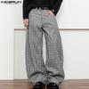 INCERUN Men Zip-up Waist Plaid Print Casual Long Straight Pants Bottoming