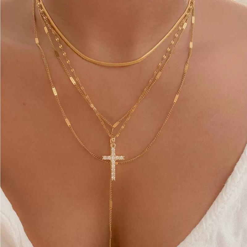 

European-American Cross Pendant Necklace: Trendy, Multi-Layered, Stackable Clavicle Chain for Women