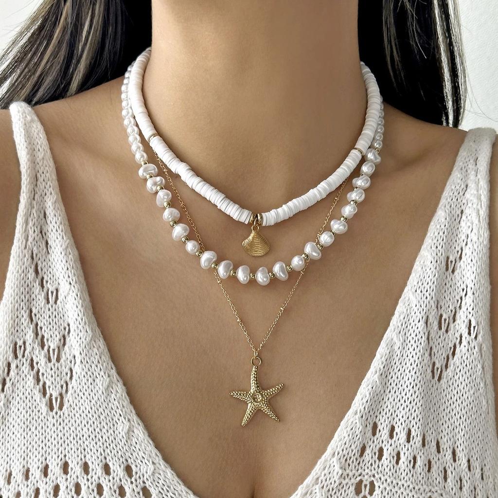 3 Stück Elegante Imitation Perlen Choker Halsketten für Damen Mehrschichtig Ozean Seestern Muscheln Anhänger Halsketten Party Schmuck