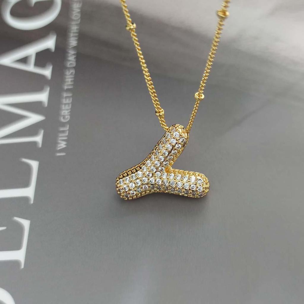Gold-Plated Copper Zircon Balloon Bubble Alphabet Pendant Necklace