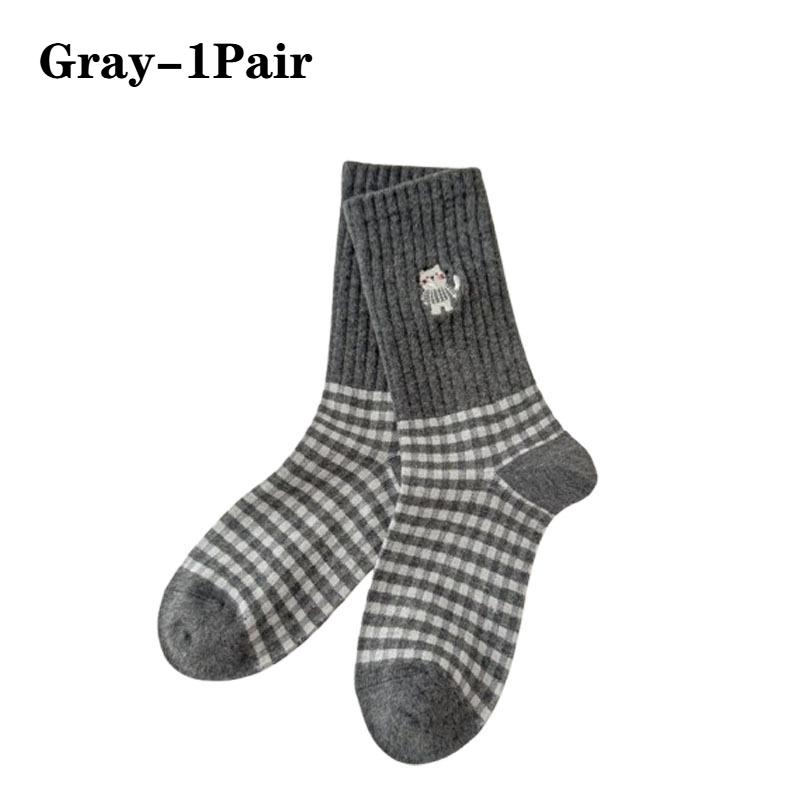 Damen Vintage KarosockenCartoon Katze BaumwolleMittelwade Lange Socken Grau Schwarz Weiß Frühling Herbst Freizeitsocken Damen Lange Socken