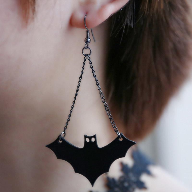 Murciélago Colgante Pendiente De Halloween Retro Vintage Negro PU Cuero Bat Gancho Pendientes