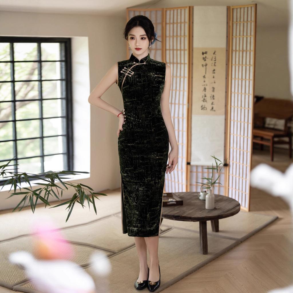 Green velvet bronzing sleeveless cheongsam 1011 early autumn new Chinese temperament retro slim daily dress women