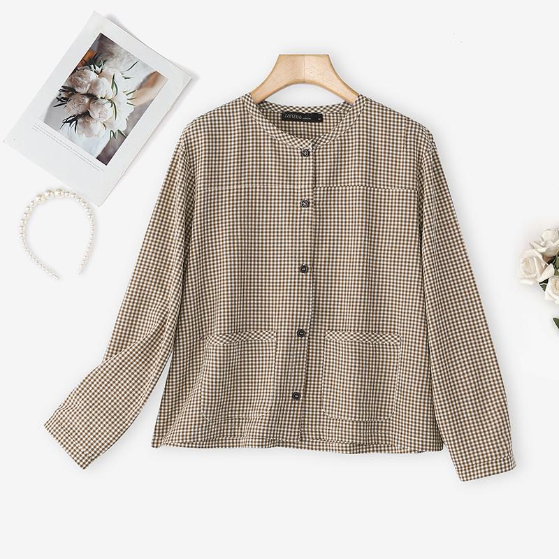 

ZANZEA Женская повседневная блузка с круглым вырезом, свободного кроя, с длинным рукавом и клетчатым принтом 5XL коричневый