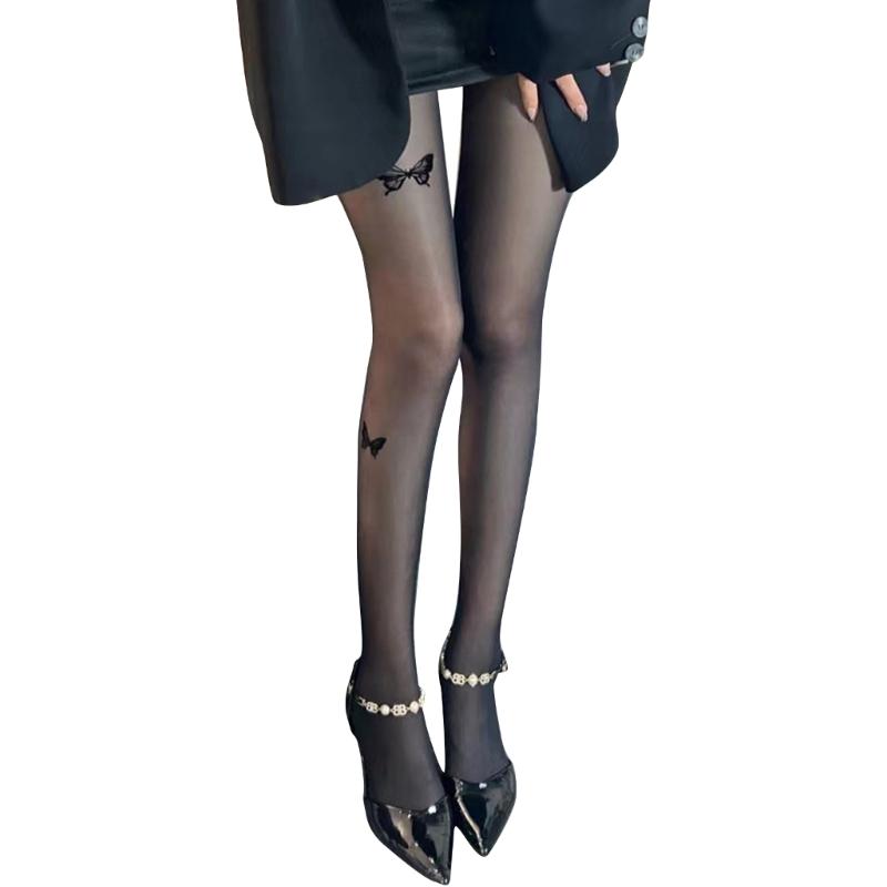 Womens Butterflies Jacquard Patterned Black Tights Stockings Ladies Sexy See-Through Silky Pantyhose Hosiery Clubwear