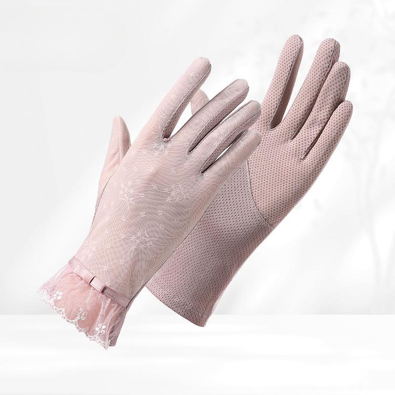 Sunscreen Gloves for Summer Women's Lace Thin UV Proof Outdoor Riding and Driving Non Slip Breathable Ice Silk Touch Screen