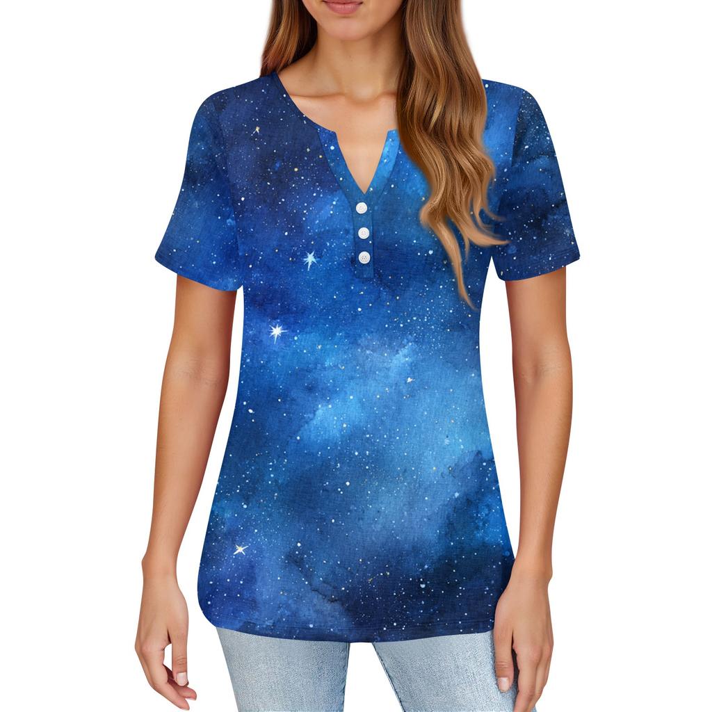 Damska Koszulka z Nadrukiem Guziki Krótki Rękaw Codzienna Weekendowa Moda Podstawowy Dekolt V Regularny Top