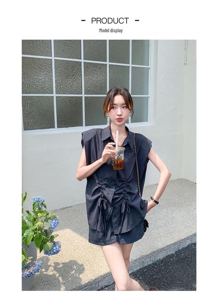 Trendy 2024 Drawstring Sleeve Shirt and Shorts Set: Stylish, Youthful, Two-Piece Casual Outfit