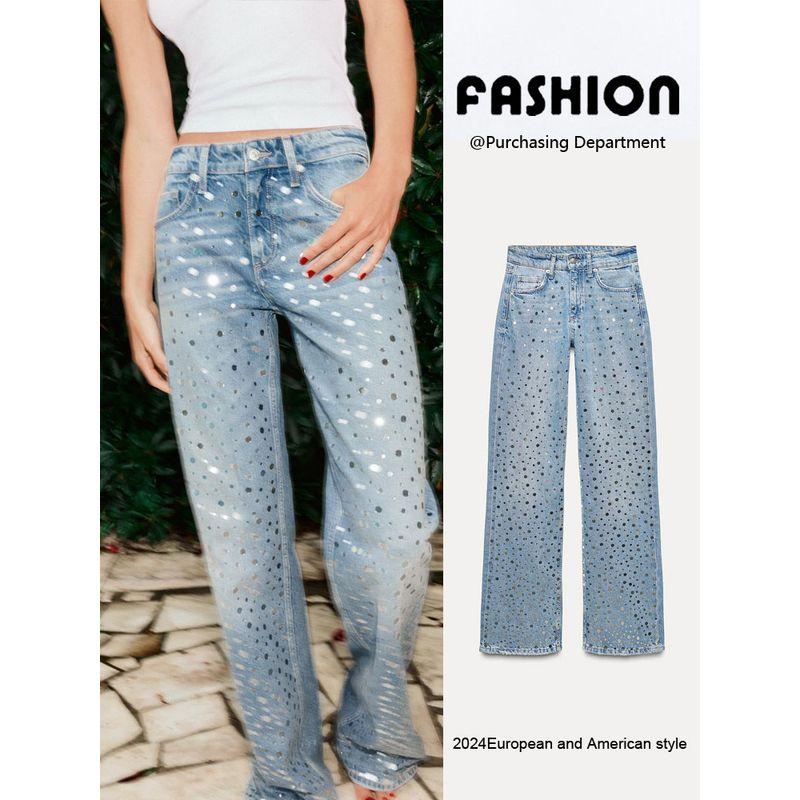 Za2024 Summer New Product Women's Clothes Mid Waist Sequin Decoration Casual Easiest for Match Wide Leg Denim Pants 6688216 400