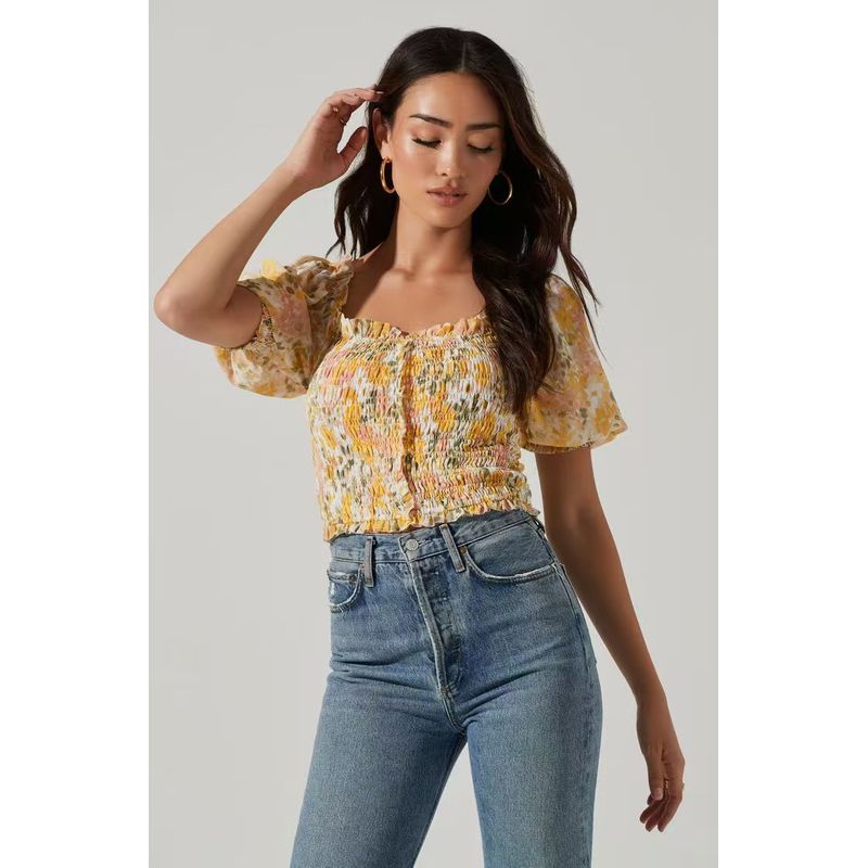 

Red Brand a * St Summer R Pastoral Floral Ruched Close-Fitting Sexy Tops Yellow/Flowers XL