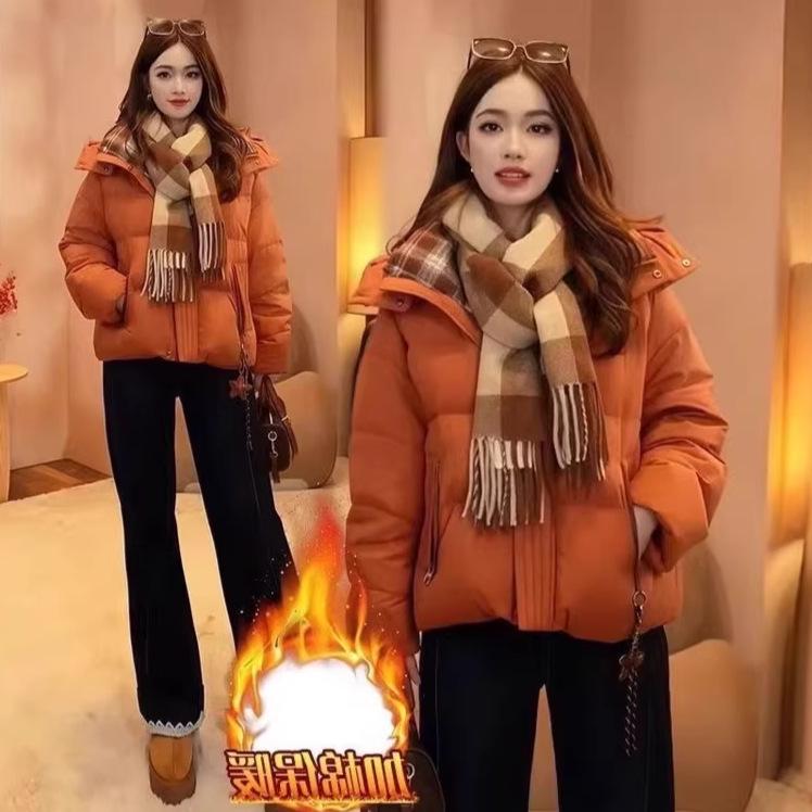 Women's 2025 Winter Hooded Plaid Puffer Jacket - Thick, Short, Cotton-Padded