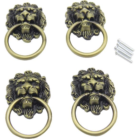 4 Pcs Vintage Lion Head Knobs Pulls Handles Antique Drawer Pull Ring Single Hole Decorative Hardware with Screws for Furniture Cabinet Cupboard Hand
