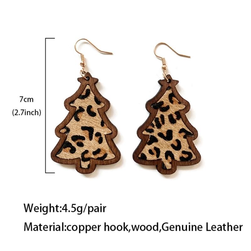 Wood Christmas Tree Dangle Earrings Women Leopard Grow Print Genuine Leather Christmas Earring New Year Ear Jewelry Gift