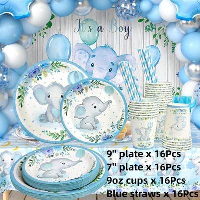 64 PCS Baby Shower Decorations Baby Shower Paper Elephant Plates Cups Straws Sets Serves 16 for Boys Girls Elephant Birthday Party Favors