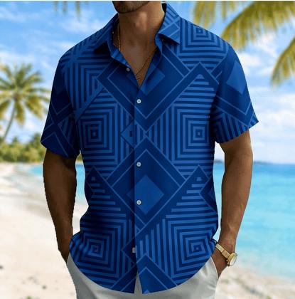 Men's Geometric Maze Print Short Sleeve Shirt, Spring Summer Casual Vacation Turn-Down Collar Blouse, Loose Fit Top