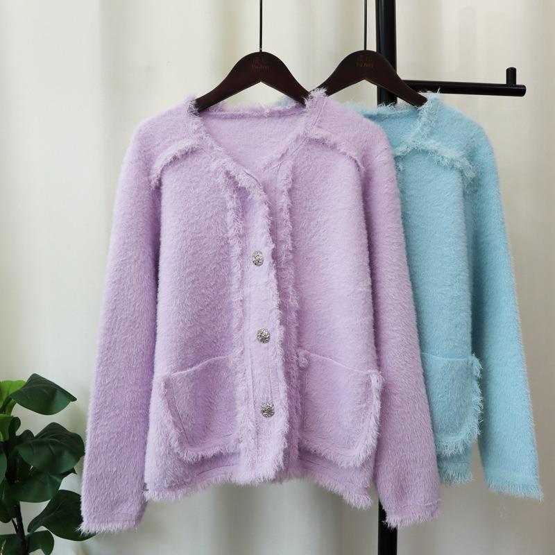 Imitation Nerz Samt Strickjacke Herbst und Winter Neu Grobe Kante Fransen Temperament Locker Pullover Jacke Damen