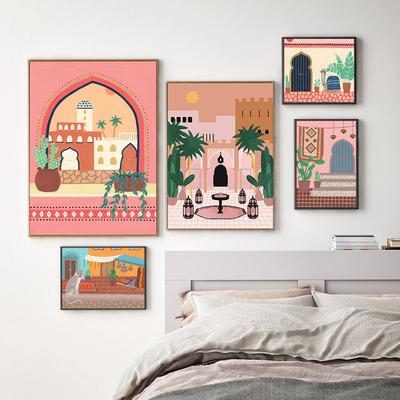Stile Rosa Scena Marocchina Stampa Artistica Illustrata Cammello Scimmia Mercato Indiano Poster su Tela Retro Nordico Quadro da Parete Decorazione Camera da Letto