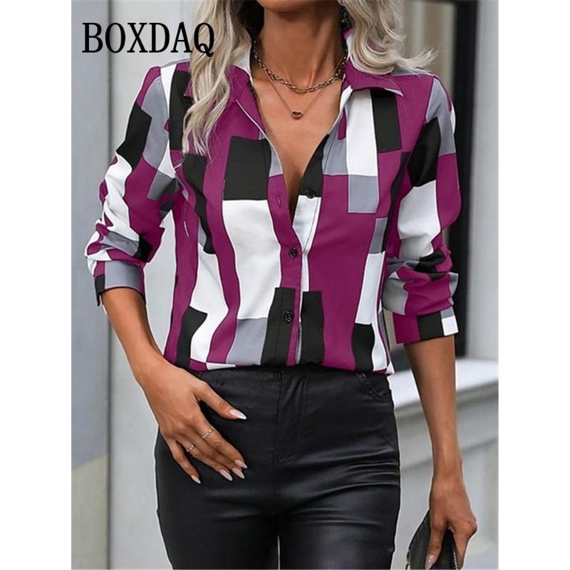 New Spring Autumn Women Blouses Fashion Geometry Striped Pattern Printing Shirt Elegant Casua Everyday Blouse Ladies Loose Style