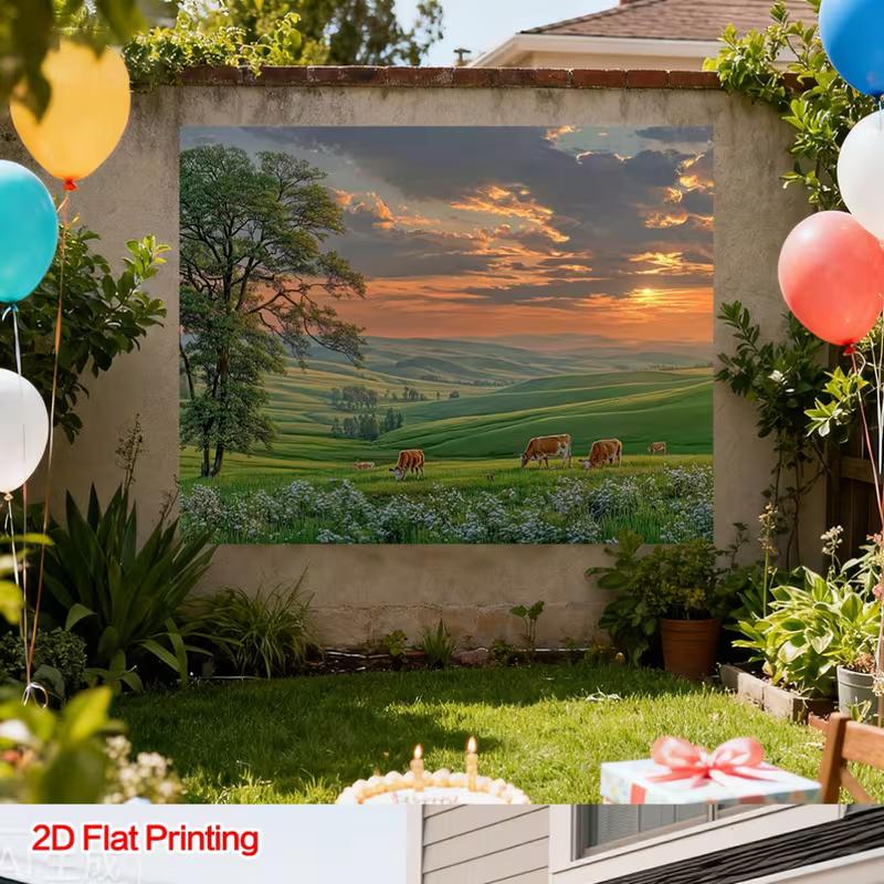 Tranquil Pastoral Tapestry, Golden Hour Sunset Over a Peaceful Green Pasture with Grazing Cows, Rustic Farm Wall Art