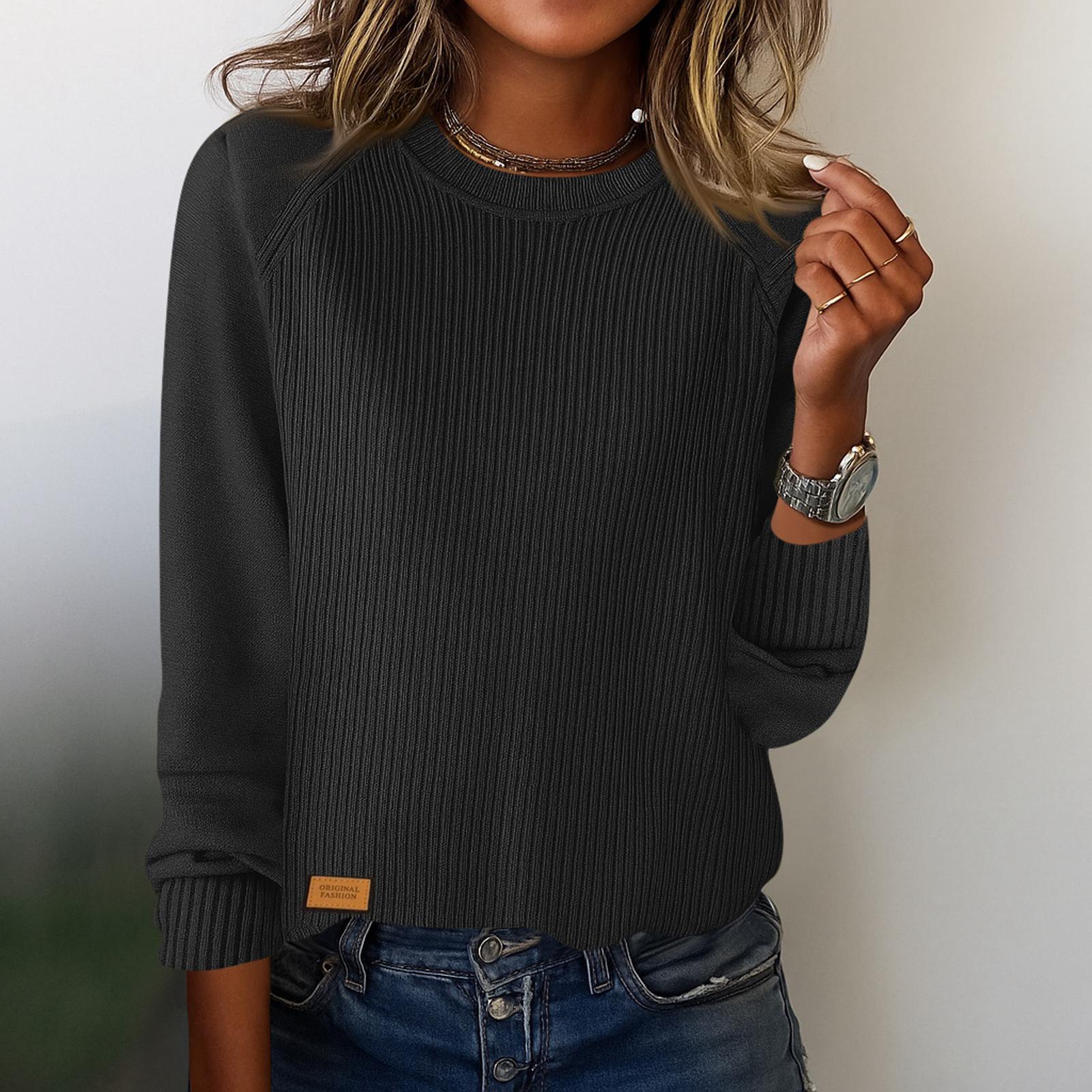 Women s Fashion Casual Color Round Neck Split Hem Raglan Sleeve Long Sleeve Sweater Top L