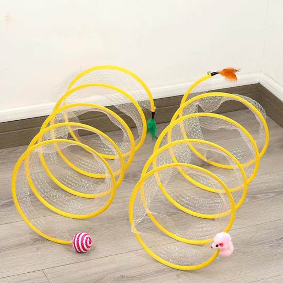 Self Play Cat Tunnel Spring Toy Collapsible Cat Hunting Spiral Tunnel with Feather And Mouse/Ball for Indoor Cats Puppy Kitten Rabbit