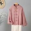 Spring and Autumn Retro Ethnic Style Cotton and Linen Heavy Industry Embroidery Single-row Disc Buckle Solid Color Small Shirt Top Women